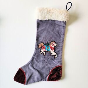 Vintage Carousel‎ Horse Christmas Stocking Merry Go Round Gray Velvet White Pony